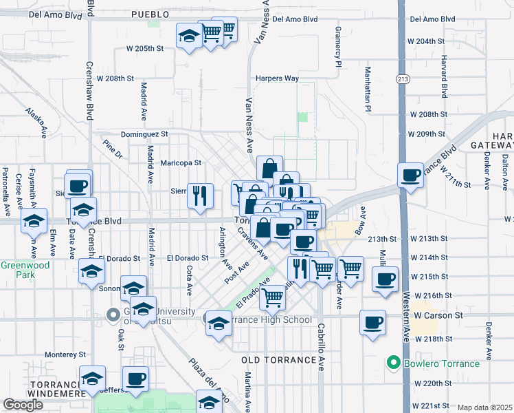 map of restaurants, bars, coffee shops, grocery stores, and more near 921 Sartori Avenue in Torrance