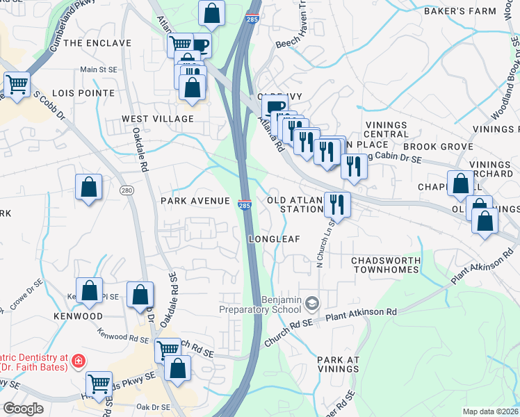 map of restaurants, bars, coffee shops, grocery stores, and more near 2323 Longcourt Way in Atlanta