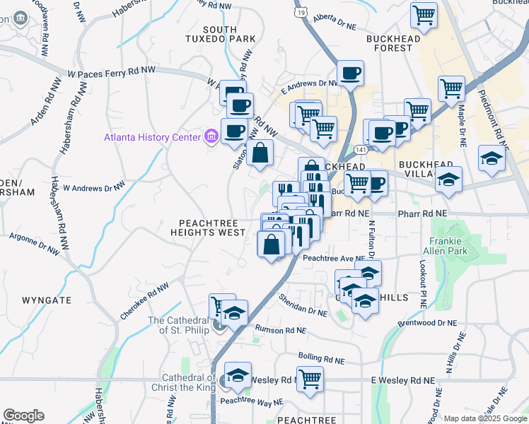 map of restaurants, bars, coffee shops, grocery stores, and more near 55 Pharr Road Northwest in Atlanta