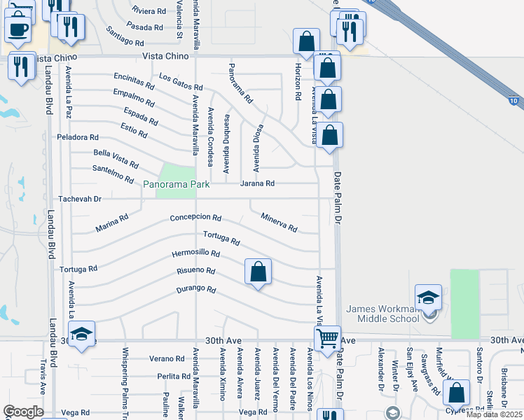 map of restaurants, bars, coffee shops, grocery stores, and more near 68770 Minerva Road in Cathedral City