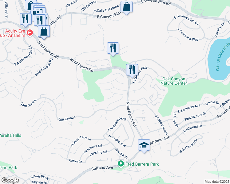 map of restaurants, bars, coffee shops, grocery stores, and more near 6431 East Ridge Glen Road in Anaheim