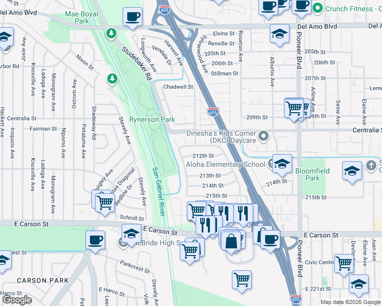 map of restaurants, bars, coffee shops, grocery stores, and more near 11321 212th Street in Lakewood