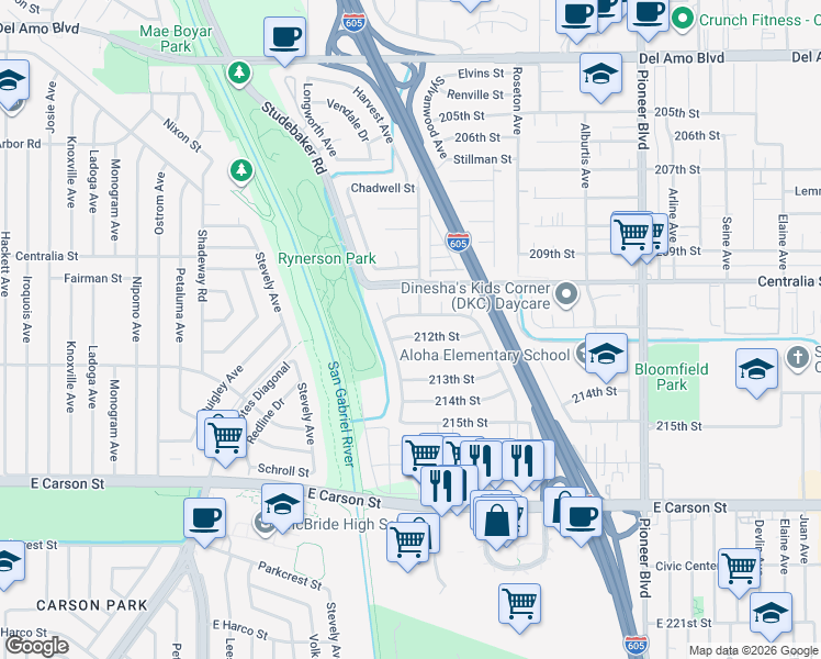 map of restaurants, bars, coffee shops, grocery stores, and more near 11321 212th Street in Lakewood