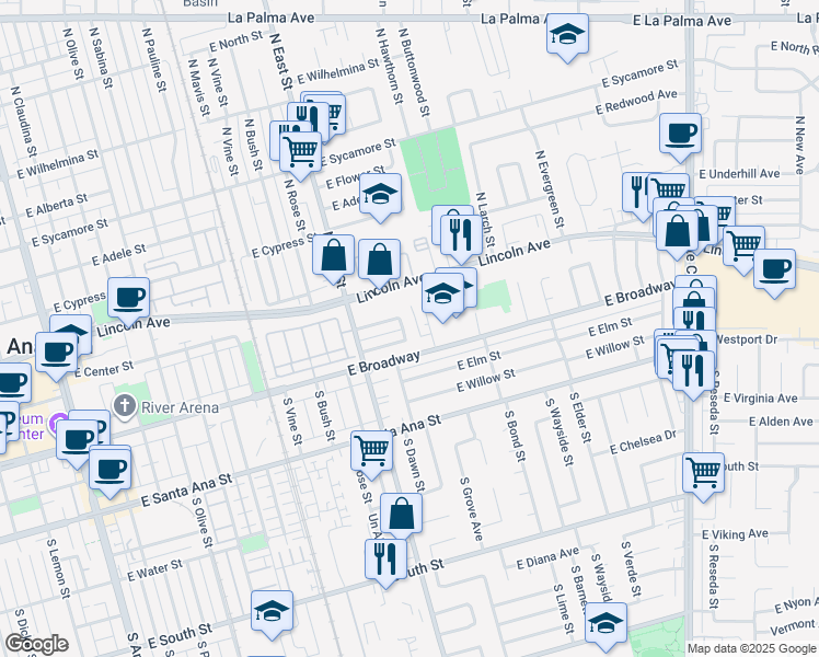 map of restaurants, bars, coffee shops, grocery stores, and more near 1239-1249 East Broadway in Anaheim