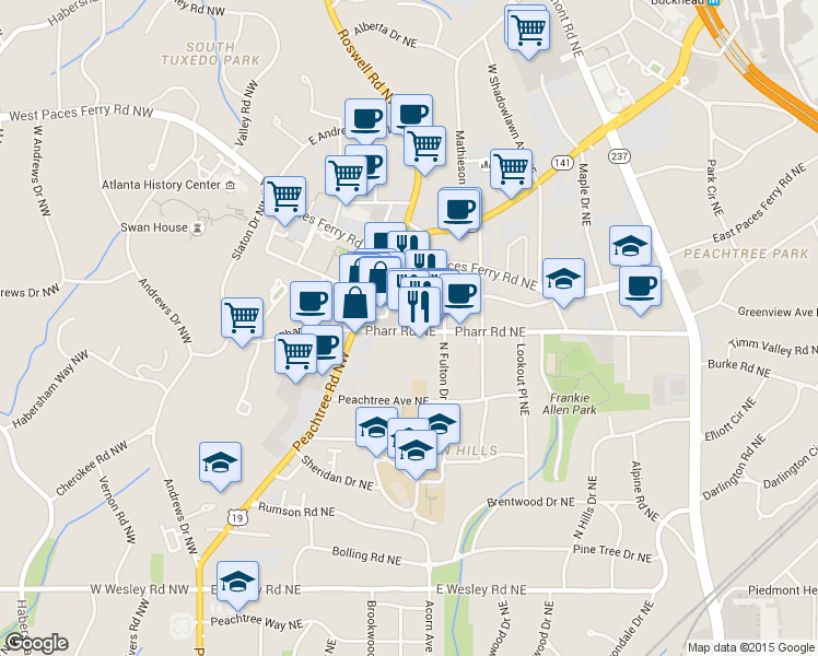 map of restaurants, bars, coffee shops, grocery stores, and more near 236 Pharr Road Northeast in Atlanta
