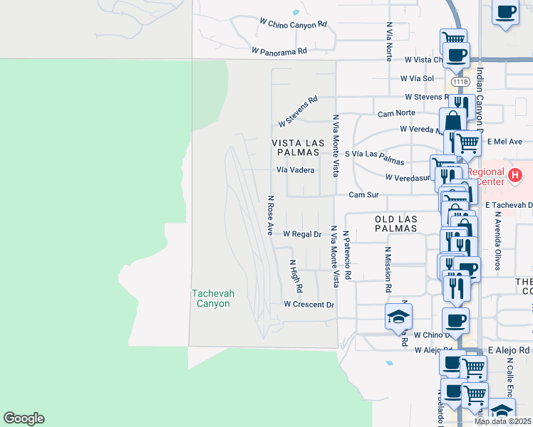 map of restaurants, bars, coffee shops, grocery stores, and more near 981 North Rose Avenue in Palm Springs