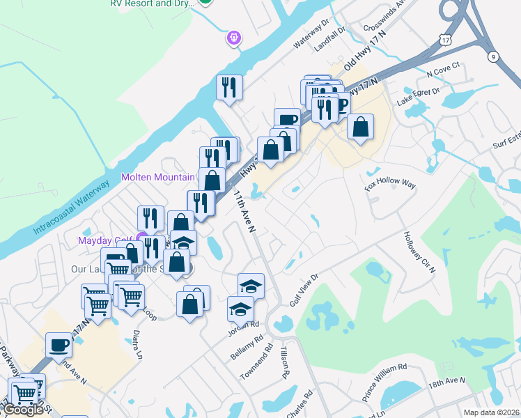 map of restaurants, bars, coffee shops, grocery stores, and more near 1133 Mary Read Drive in North Myrtle Beach