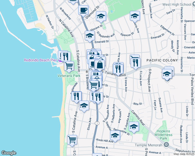 map of restaurants, bars, coffee shops, grocery stores, and more near 319 South Francisca Avenue in Redondo Beach