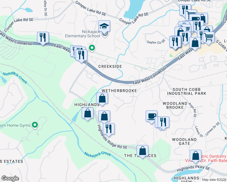 map of restaurants, bars, coffee shops, grocery stores, and more near 1425 Hornell Lane in Smyrna