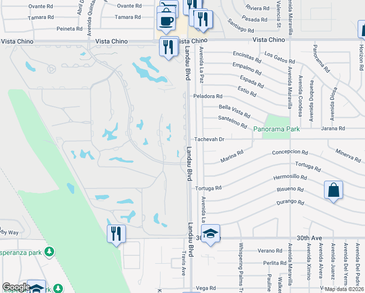 map of restaurants, bars, coffee shops, grocery stores, and more near 29221 East Portales Drive in Cathedral City