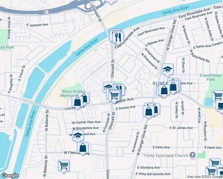 map of restaurants, bars, coffee shops, grocery stores, and more near 2841 North Glassell Street in Orange
