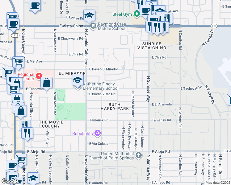 map of restaurants, bars, coffee shops, grocery stores, and more near 1190 East Buena Vista Drive in Palm Springs