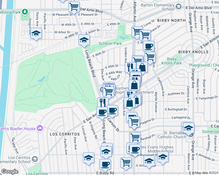 map of restaurants, bars, coffee shops, grocery stores, and more near 4365 Elm Avenue in Long Beach