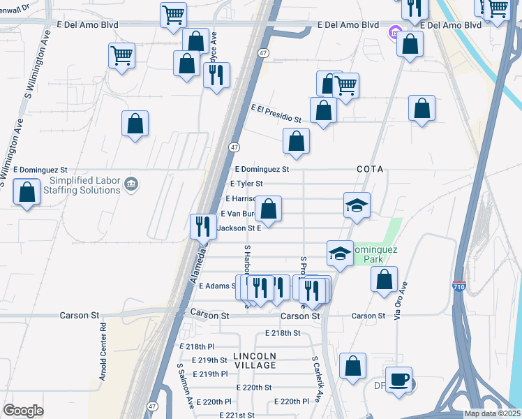 map of restaurants, bars, coffee shops, grocery stores, and more near 2617 East Van Buren Street in Carson