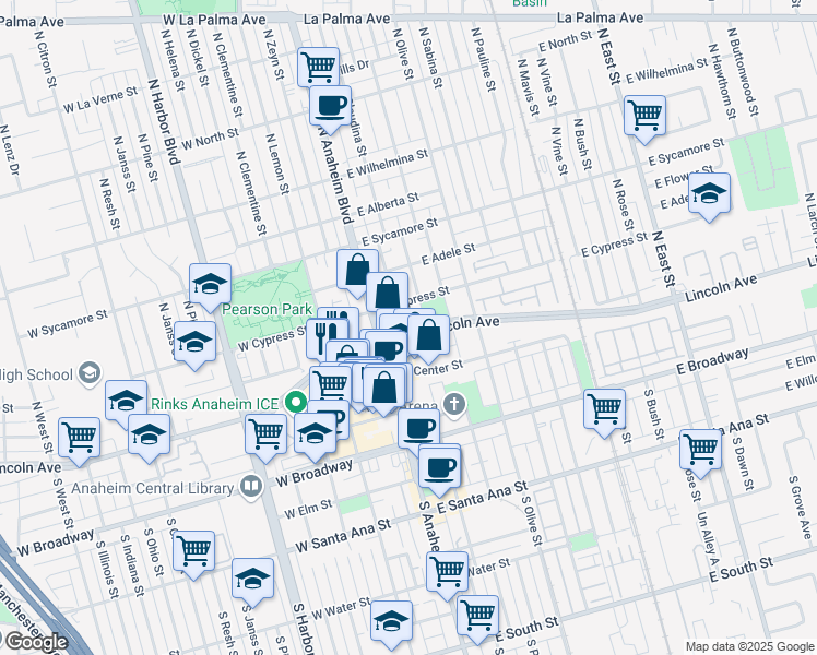 map of restaurants, bars, coffee shops, grocery stores, and more near 206 North Claudina Street in Anaheim
