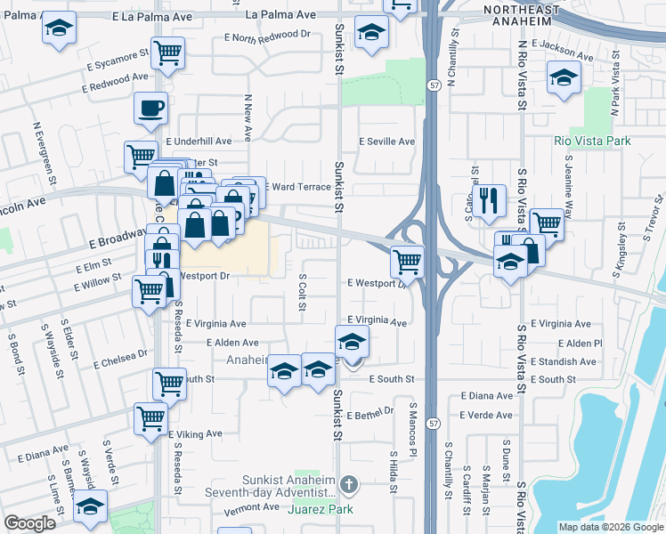 map of restaurants, bars, coffee shops, grocery stores, and more near 2458 East Powhatan Avenue in Anaheim