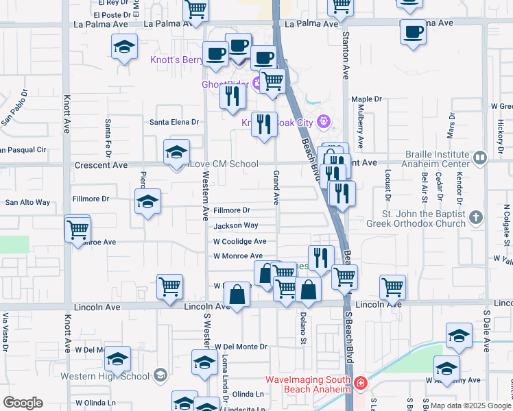 map of restaurants, bars, coffee shops, grocery stores, and more near 7685 Fillmore Drive in Buena Park