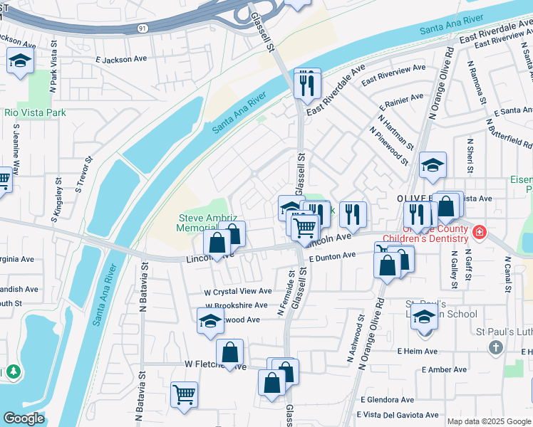 map of restaurants, bars, coffee shops, grocery stores, and more near 347 West Linden Drive in Orange
