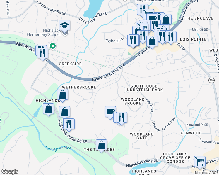 map of restaurants, bars, coffee shops, grocery stores, and more near 4751 Camp Highland Road Southeast in Smyrna