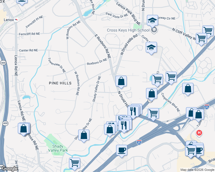 map of restaurants, bars, coffee shops, grocery stores, and more near 1830 Hedge Rose Drive Northeast in Atlanta