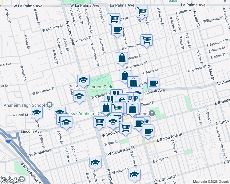 map of restaurants, bars, coffee shops, grocery stores, and more near 290 North Lemon Street in Anaheim