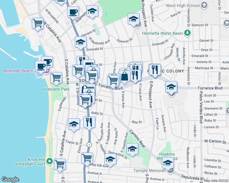 map of restaurants, bars, coffee shops, grocery stores, and more near 610 Torrance Boulevard in Redondo Beach