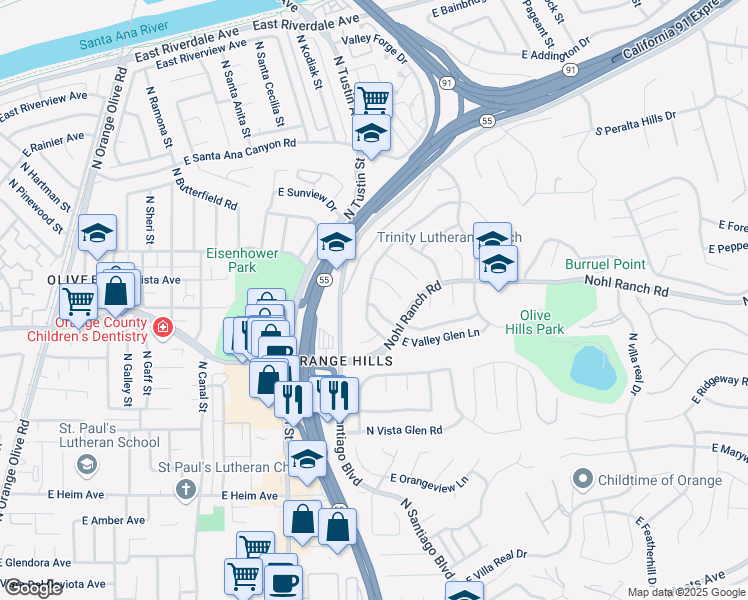 map of restaurants, bars, coffee shops, grocery stores, and more near 2891 North Shady Glen Lane in Orange