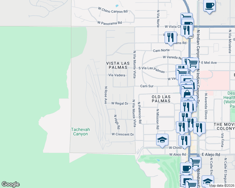 map of restaurants, bars, coffee shops, grocery stores, and more near 985 North Tuxedo Circle in Palm Springs