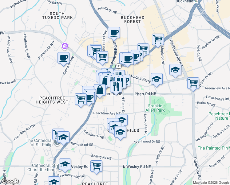 map of restaurants, bars, coffee shops, grocery stores, and more near 236 Pharr Road Northeast in Atlanta