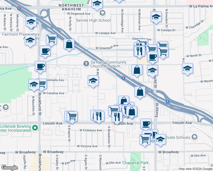 map of restaurants, bars, coffee shops, grocery stores, and more near 501 North Crescent Way in Anaheim
