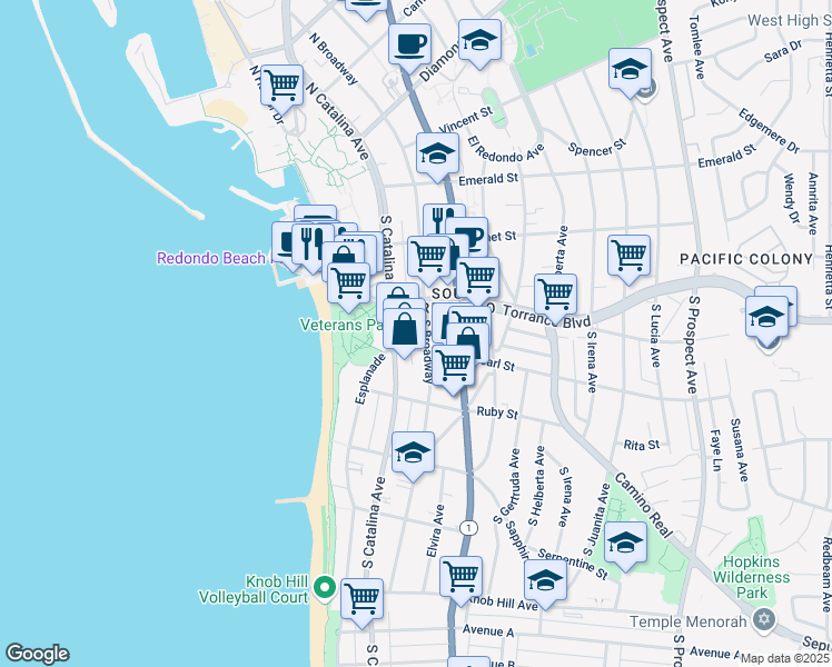 map of restaurants, bars, coffee shops, grocery stores, and more near 1 Pearl Street in Redondo Beach