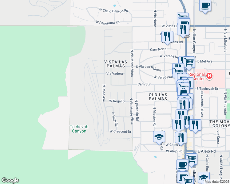 map of restaurants, bars, coffee shops, grocery stores, and more near 978 North Tuxedo Circle in Palm Springs