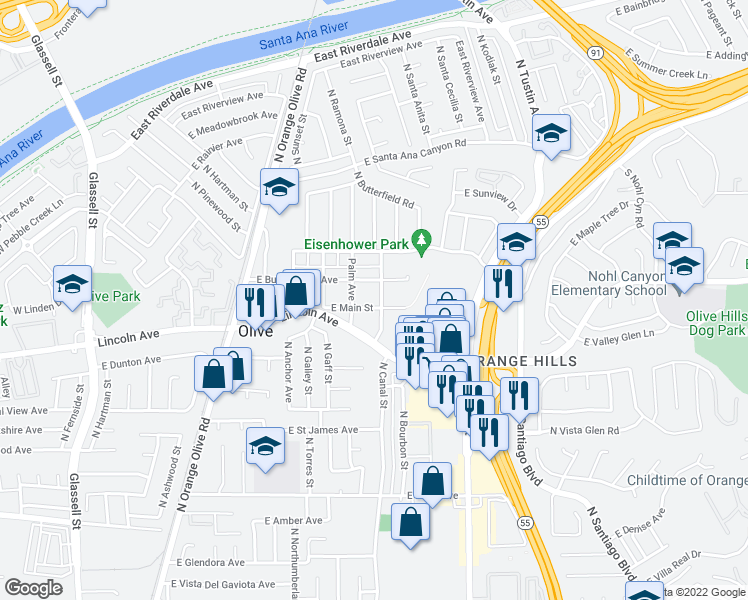 map of restaurants, bars, coffee shops, grocery stores, and more near 16737 East Main Street in Orange