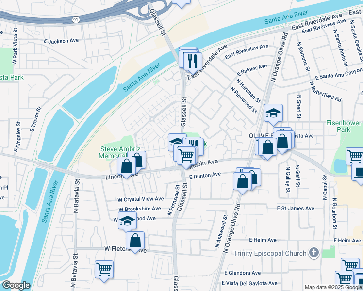 map of restaurants, bars, coffee shops, grocery stores, and more near 2841 North Glassell Street in Orange
