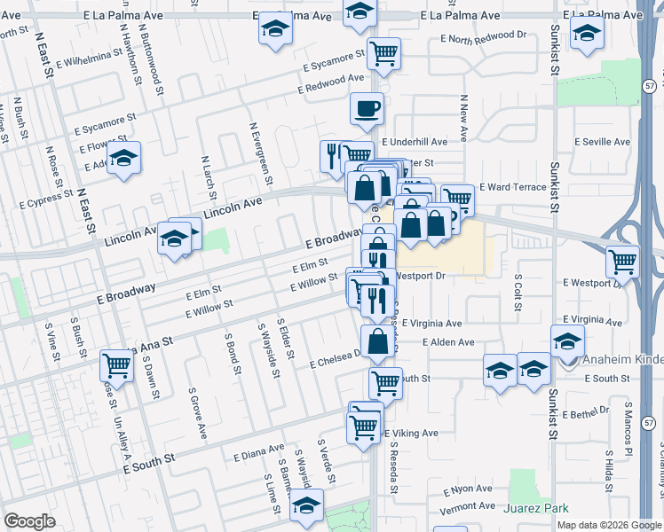 map of restaurants, bars, coffee shops, grocery stores, and more near 1909 East Willow Street in Anaheim