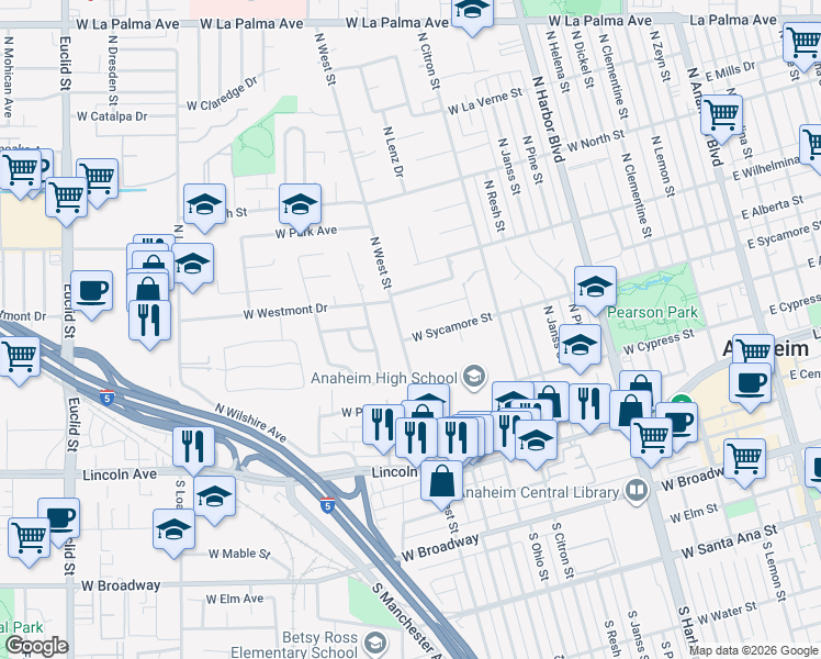 map of restaurants, bars, coffee shops, grocery stores, and more near 504 North West Street in Anaheim