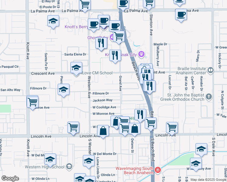 map of restaurants, bars, coffee shops, grocery stores, and more near 7685 Fillmore Drive in Buena Park