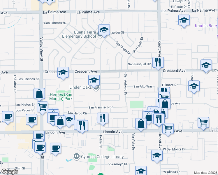 map of restaurants, bars, coffee shops, grocery stores, and more near 6687 San Homero Way in Buena Park