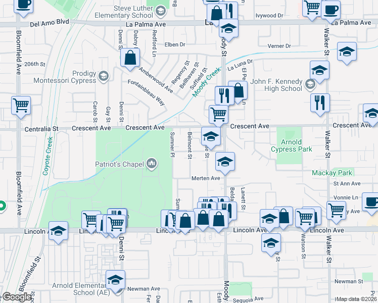 map of restaurants, bars, coffee shops, grocery stores, and more near 8622 Belmont Street in Cypress