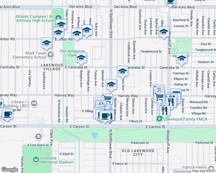 map of restaurants, bars, coffee shops, grocery stores, and more near 4338 Adenmoor Avenue in Lakewood