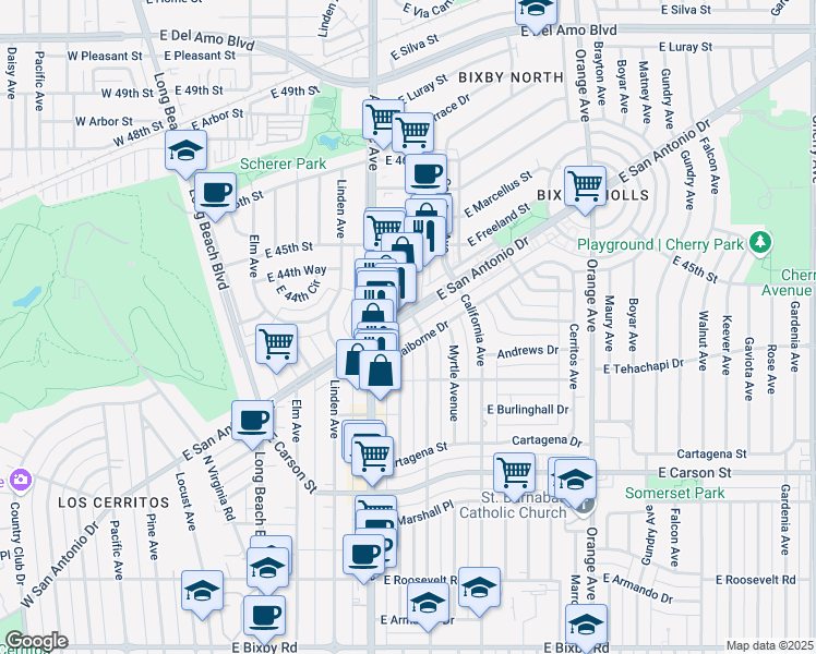 map of restaurants, bars, coffee shops, grocery stores, and more near 725 East Claiborne Drive in Long Beach