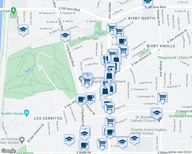 map of restaurants, bars, coffee shops, grocery stores, and more near 4416 Linden Avenue in Long Beach