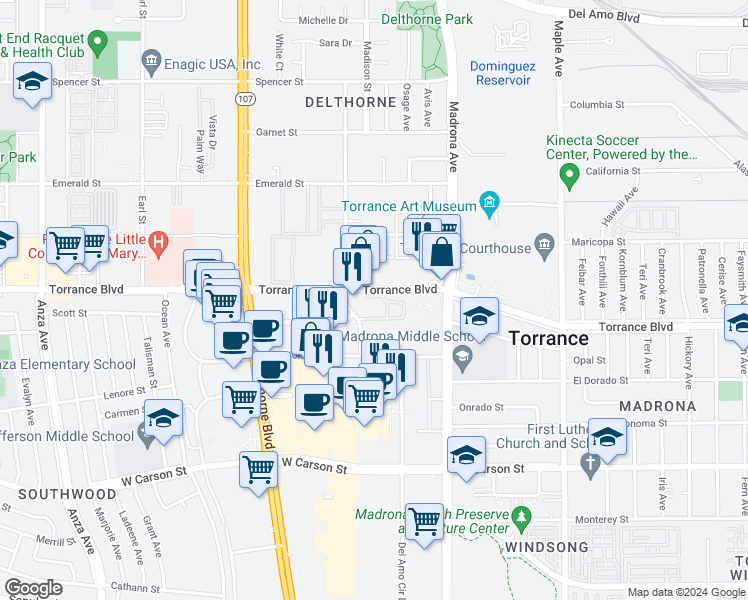 map of restaurants, bars, coffee shops, grocery stores, and more near 3550 Torrance Boulevard in Torrance