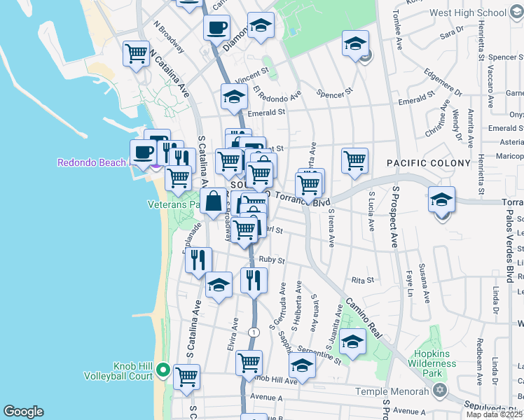 map of restaurants, bars, coffee shops, grocery stores, and more near 319 South Francisca Avenue in Redondo Beach
