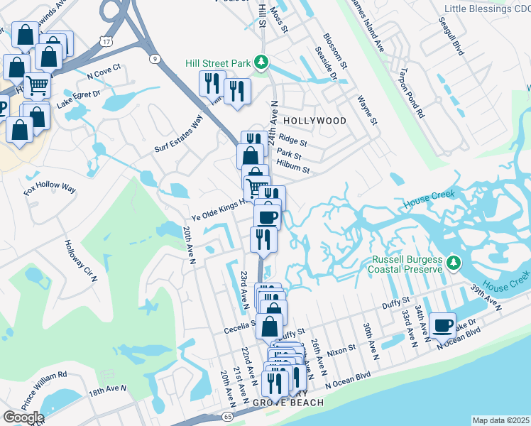 map of restaurants, bars, coffee shops, grocery stores, and more near 2308 Curley Street in North Myrtle Beach