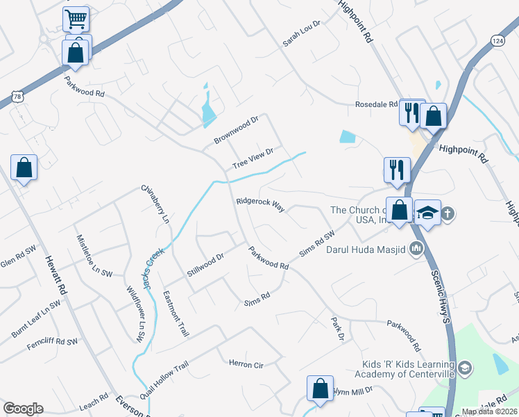 map of restaurants, bars, coffee shops, grocery stores, and more near 3340 Ridgerock Way in Snellville