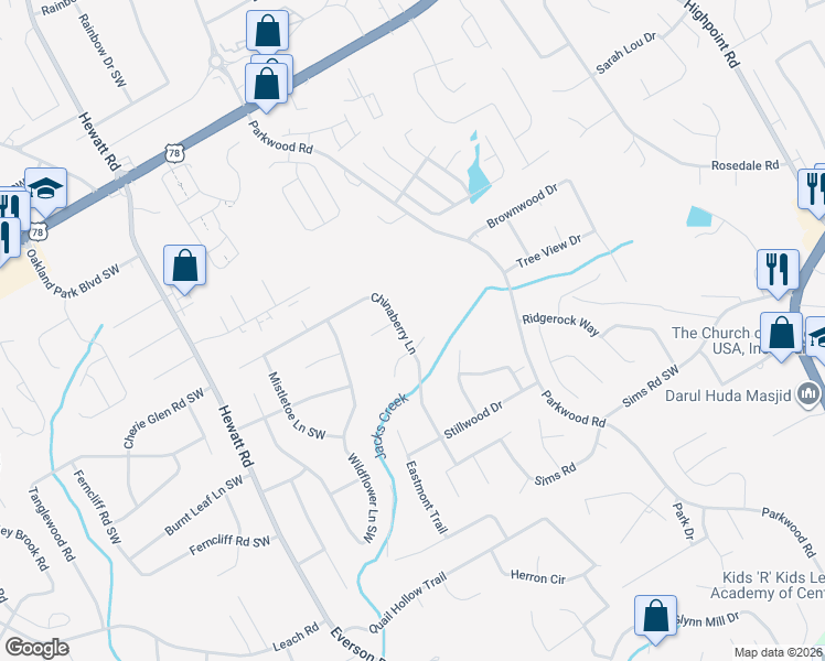 map of restaurants, bars, coffee shops, grocery stores, and more near 3377 Chinaberry Lane in Snellville