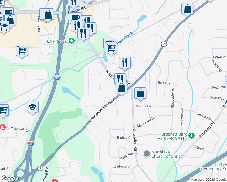 map of restaurants, bars, coffee shops, grocery stores, and more near 3298 Lawrenceville Highway in Tucker