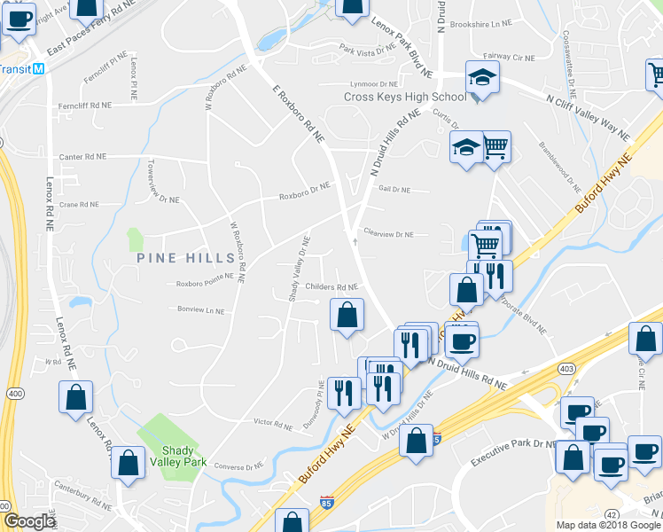 map of restaurants, bars, coffee shops, grocery stores, and more near 1830 Hedge Rose Drive Northeast in Atlanta