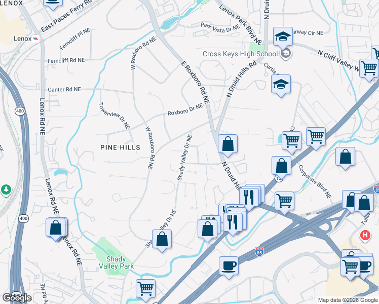 map of restaurants, bars, coffee shops, grocery stores, and more near 3005 Shady Valley Drive Northeast in Atlanta